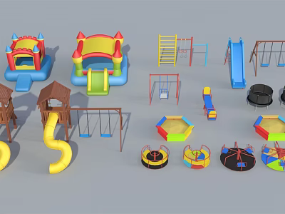 Colorful Playground Equipment With Inflatable Castles Slides Swings Climbing Frames And Rotary Rides 3d model