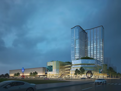 Modern High Rise Office Building With Glass Curtain Wall And Urban Street Greenery 3d model