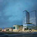 Modern High Rise Office Building With Glass Curtain Wall And Urban Street Greenery