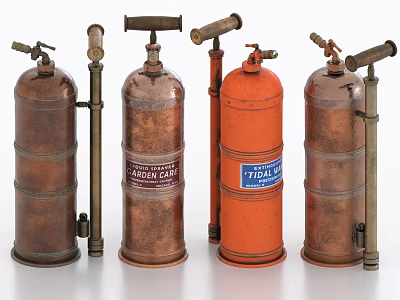 Vintage Industrial Fire Extinguishers With Copper And Orange Cylinders Valves And Labels 3d model