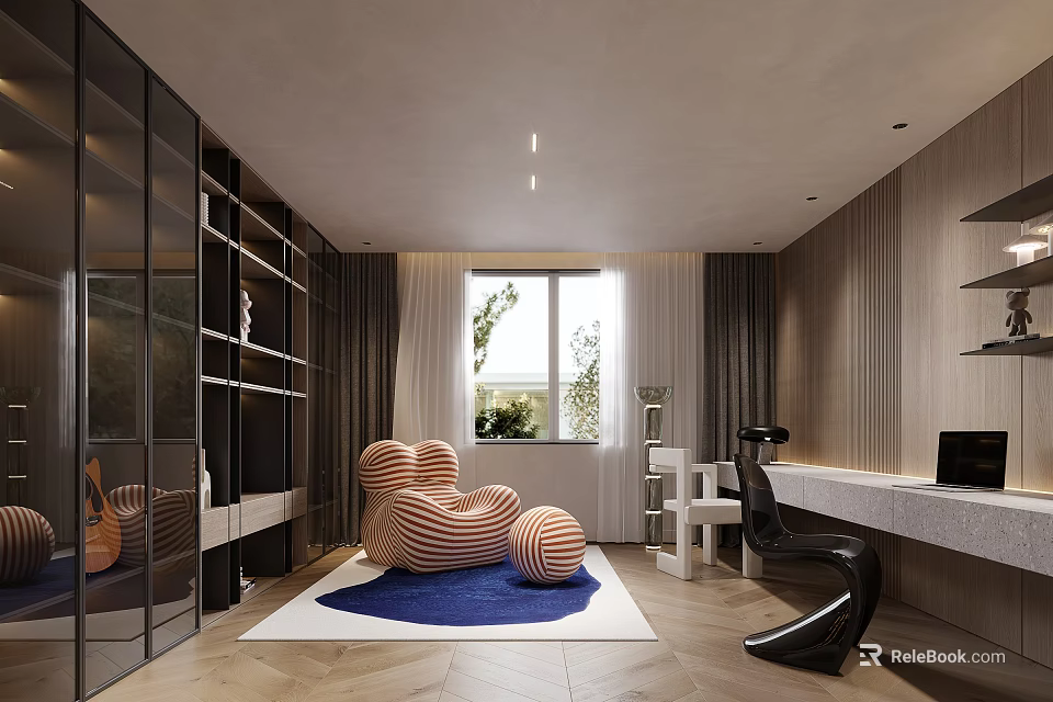 Modern Home Office Interior With Wooden Shelves Blue Rug Striped Chair And Ergonomic Desk Chair 3d model 