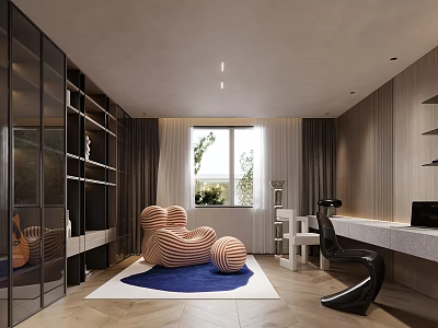 Modern Home Office Interior With Wooden Shelves Blue Rug Striped Chair And Ergonomic Desk Chair 3d model