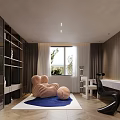 Modern Home Office Interior With Wooden Shelves Blue Rug Striped Chair And Ergonomic Desk Chair