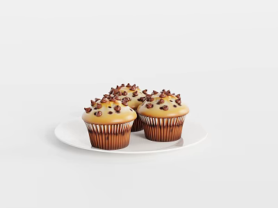 Delicious Muffins with Cream Frosting and Chocolate Chips on White Plate 3d model