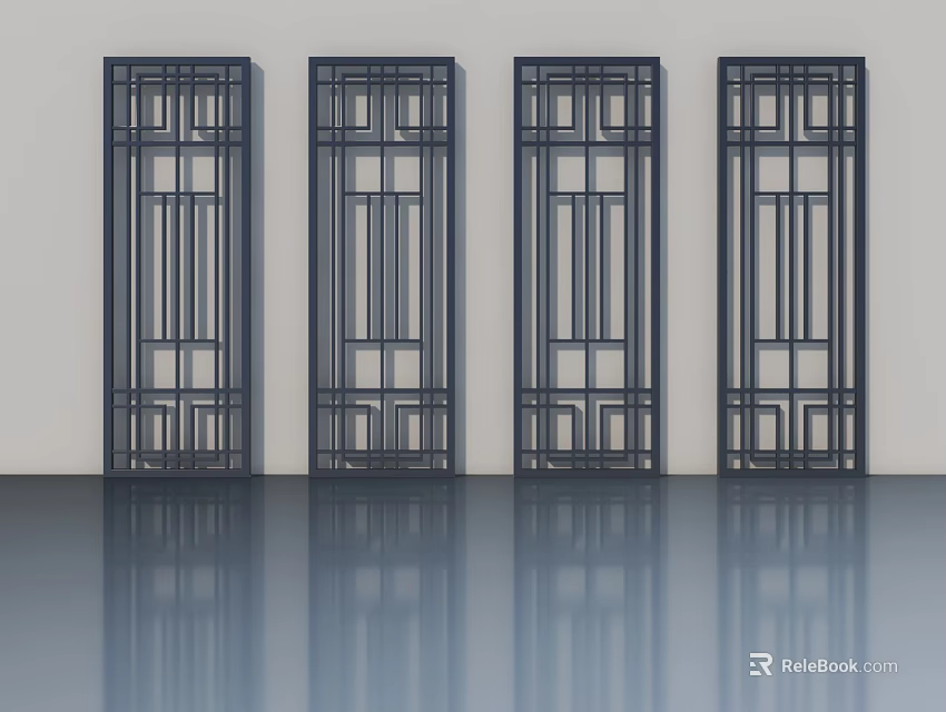 Four Black Swing Doors with Geometric Patterns on White Wall and Smooth Floor 3d model