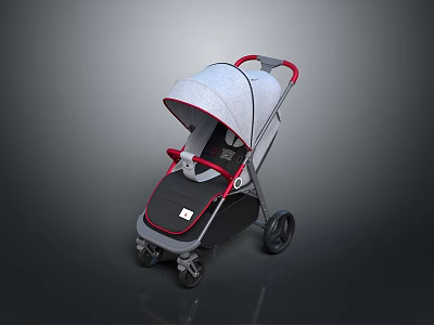 Stylish Baby Stroller With Gray Canopy Red Handle Comfortable Seat And Smooth Wheels 3d model