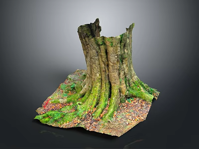 Rustic Wood Tree Trunk Decor with Stone Accents Green Moss and Extended Roots 3d model