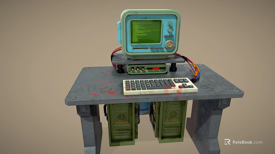 Vintage Computer Setup With Green Screen Keyboard On Metal Table And Storage Cabinets 3d model