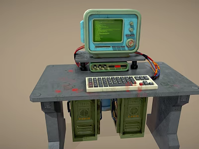 Vintage Computer Setup With Green Screen Keyboard On Metal Table And Storage Cabinets 3d model
