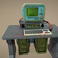 Vintage Computer Setup With Green Screen Keyboard On Metal Table And Storage Cabinets 3d model