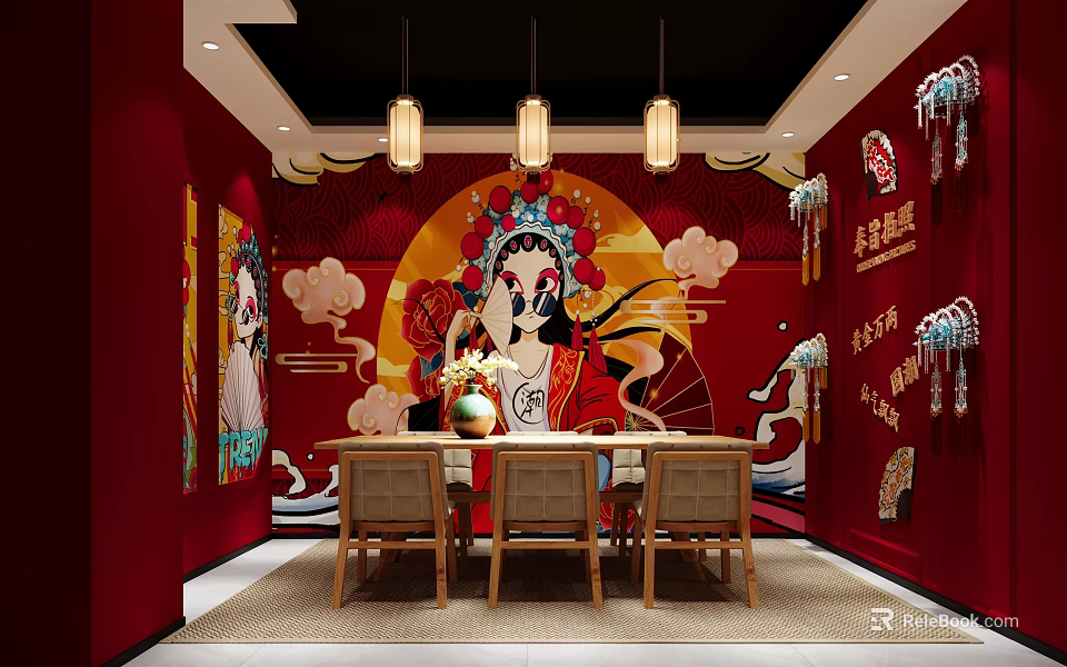 Chinese Themed Dining Space With Red Walls Peking Opera Mask And Traditional Pendant Lights 3d model 