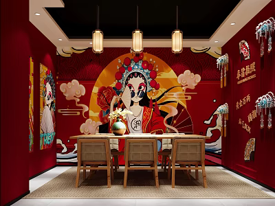 Chinese Themed Dining Space With Red Walls Peking Opera Mask And Traditional Pendant Lights 3d model