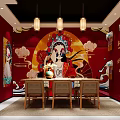 Chinese Themed Dining Space With Red Walls Peking Opera Mask And Traditional Pendant Lights