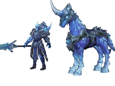 Game Fantasy Character Armored Warrior Detailed Design Holding Sword With Mythical Blue Horse 3d model