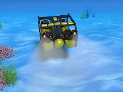 Yellow Industrial Underwater Equipment with Black Frame and Round Components in Seabed Coral Seaweed Environment 3d model