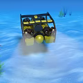 Yellow Industrial Underwater Equipment with Black Frame and Round Components in Seabed Coral Seaweed Environment