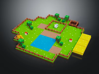 Pixel Art Garden Scene With Green Grass Fence Trees Pond And White Animal 3d model