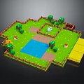 Pixel Art Garden Scene With Green Grass Fence Trees Pond And White Animal
