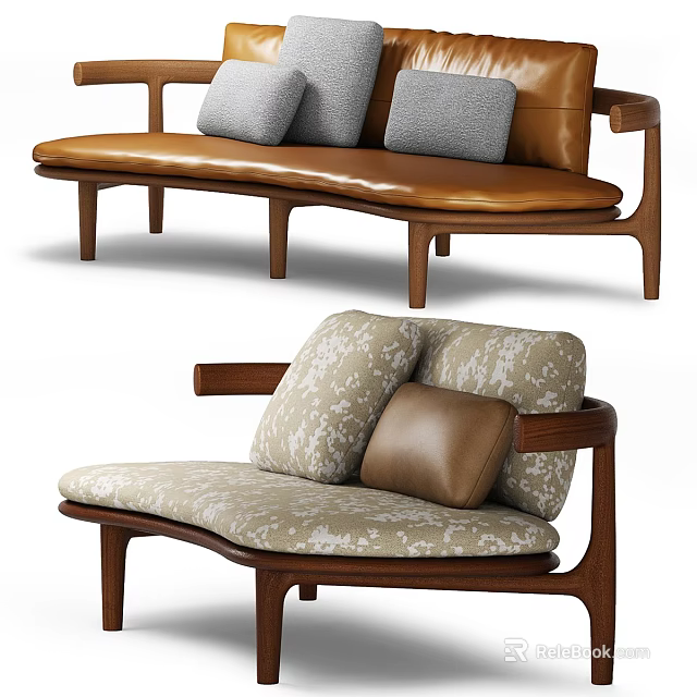 Modern Two Seater Sofa With Leather Upholstery Fabric Cushions And Wooden Frame 3d model 