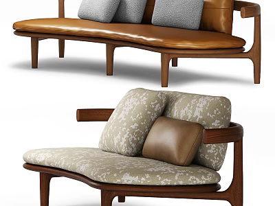 Modern Two Seater Sofa With Leather Upholstery Fabric Cushions And Wooden Frame 3d model