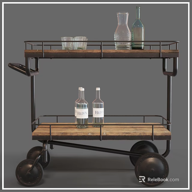 Vintage Two Tier Serving Cart With Wooden Shelves Metal Frame And Glassware 3d model 