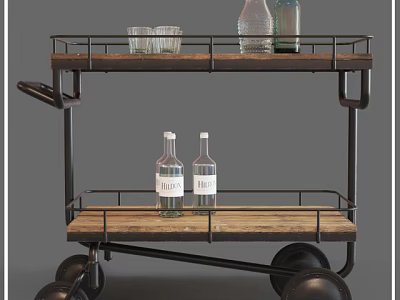 Vintage Two Tier Serving Cart With Wooden Shelves Metal Frame And Glassware 3d model