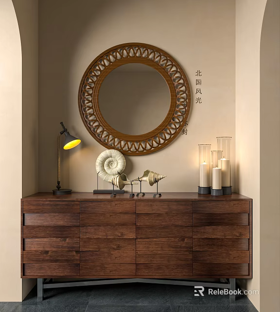 Wooden Entryway Console Cabinet With Round Mirror Table Lamp And Decorative Candles 3d model 