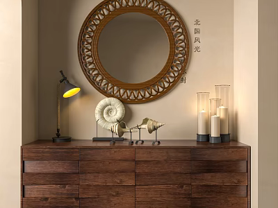 Wooden Entryway Console Cabinet With Round Mirror Table Lamp And Decorative Candles 3d model