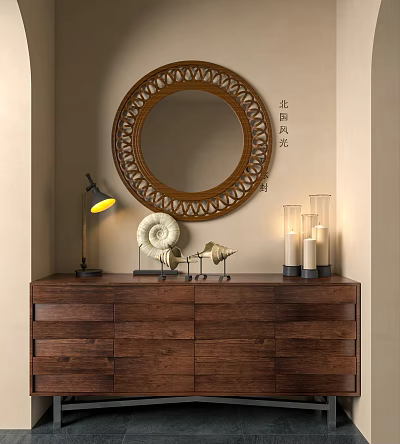 Wooden Entryway Console Cabinet With Round Mirror Table Lamp And Decorative Candles 3d model