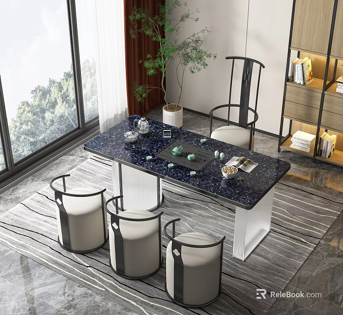 Modern Chinese Tea Table and Chairs with Marble Top Tea Set Natural View Green Plant 3d model 