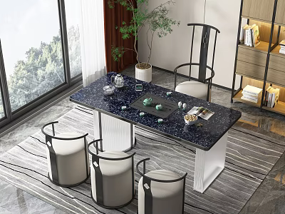 Modern Chinese Tea Table and Chairs with Marble Top Tea Set Natural View Green Plant 3d model