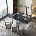 Modern Chinese Tea Table and Chairs with Marble Top Tea Set Natural View Green Plant