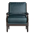 Classic Teal Leather Single Chair With Decorative Bead Accents And Wooden Frame