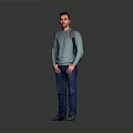 Man Wearing Blue Sweater And Jeans Carrying Backpack Standing Against Gray Background