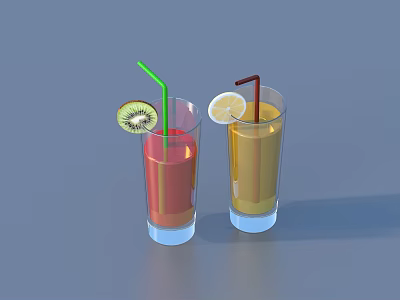Two Refreshing Glasses Red and Yellow Drinks with Kiwi Lemon Slices Green Brown Straws 3d model