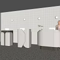 Modern Reception Desks Interior Design With White Surfaces Striped Wall And Round Lights