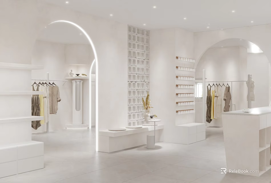 Minimalist White Clothing Store Interior With Arched Doorways Clothing Racks And Display Shelves 3d model 