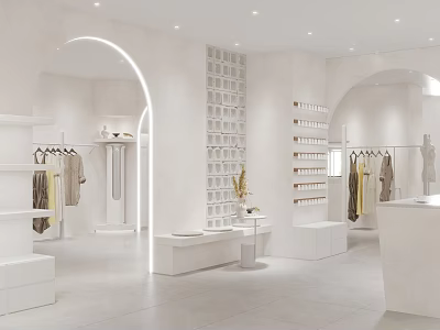 Minimalist White Clothing Store Interior With Arched Doorways Clothing Racks And Display Shelves 3d model