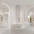 Minimalist White Clothing Store Interior With Arched Doorways Clothing Racks And Display Shelves