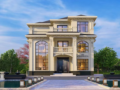 European Style Two Story Detached Villa With Large Windows Spacious Driveway And Green Trees 3d model