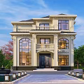European Style Two Story Detached Villa With Large Windows Spacious Driveway And Green Trees