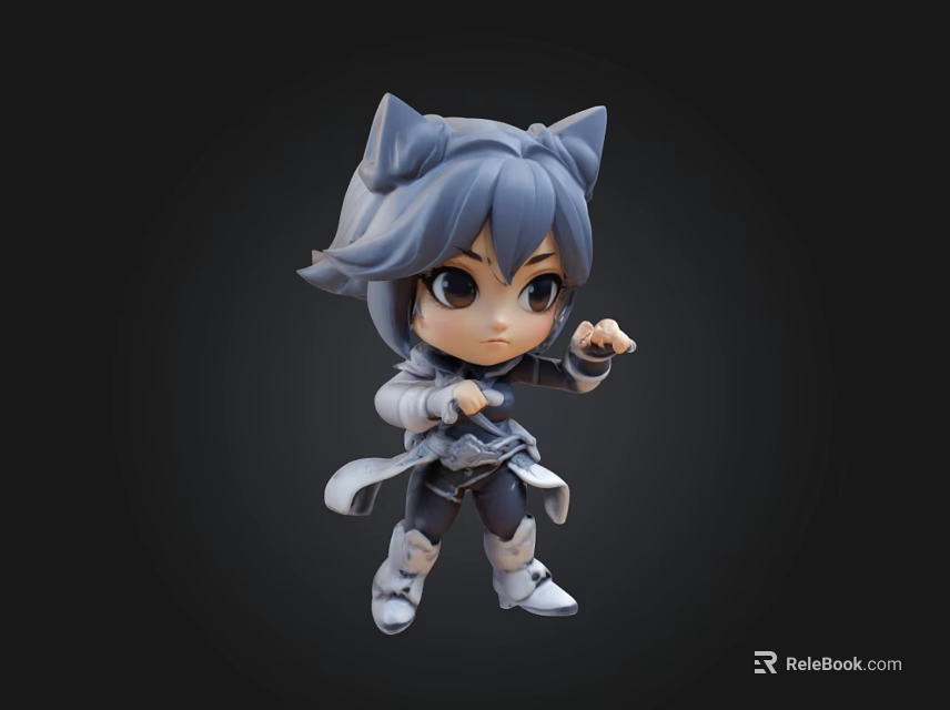 Chibi Style Warrior Character Figurine With Cat Ears Gray Hair And Battle Pose 3d model 