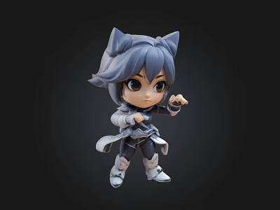 Chibi Style Warrior Character Figurine With Cat Ears Gray Hair And Battle Pose 3d model