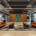 Modern Reception Area With Wooden Backdrop Large Letter A Logo Sofas Chairs And Plants