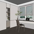 Modern Minimalist Study Room Interior With White Cabinets Desk Gray Chair Laptop And Potted Plant