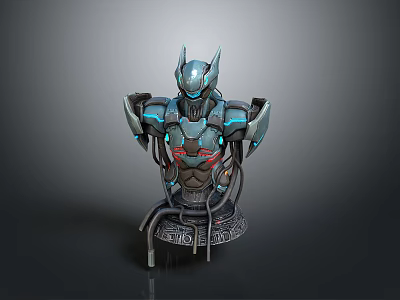 Futuristic Mechanical Character Bust Featuring Metallic Armor Blue Glowing Elements And Detailed Base 3d model