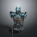 Futuristic Mechanical Character Bust Featuring Metallic Armor Blue Glowing Elements And Detailed Base