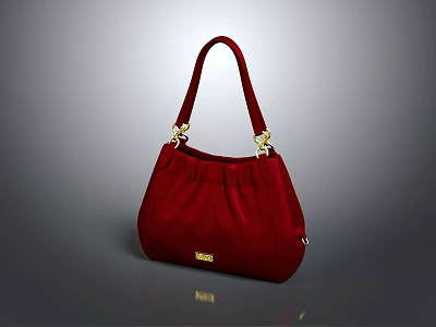 Elegant Red Velvet Handbag With Golden Decorative Handles And Brand Label 3d model