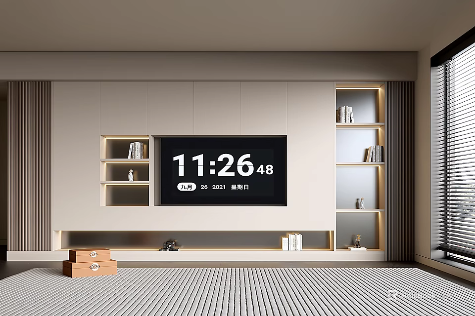 Modern TV Stand With Illuminated Open Shelves Books And Decor Items 3d model 