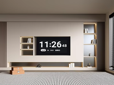 Modern TV Stand With Illuminated Open Shelves Books And Decor Items 3d model